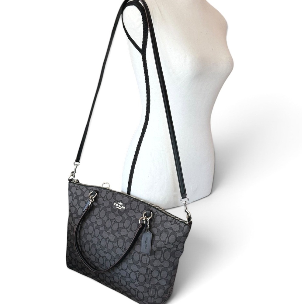 Coach Signature Canvas Tote Black Gray Zip Top Shoulder Bag Crossbody Strap - Picture 9 of 13